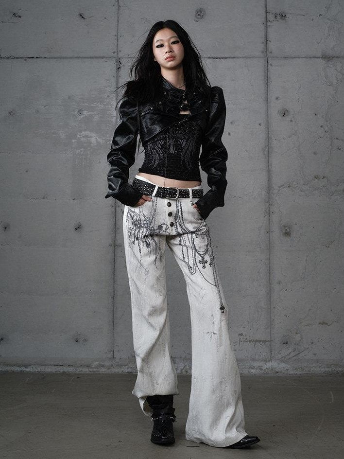 NO ROMANCE Distressed Street Punk Printed Women'S Cotton Wide-Leg Jeans