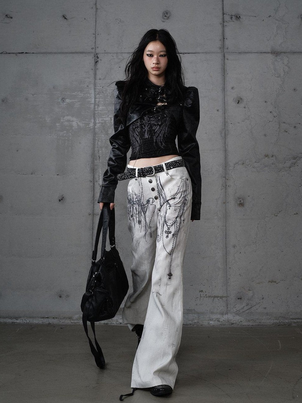 NO ROMANCE Distressed Street Punk Printed Women'S Cotton Wide-Leg Jeans