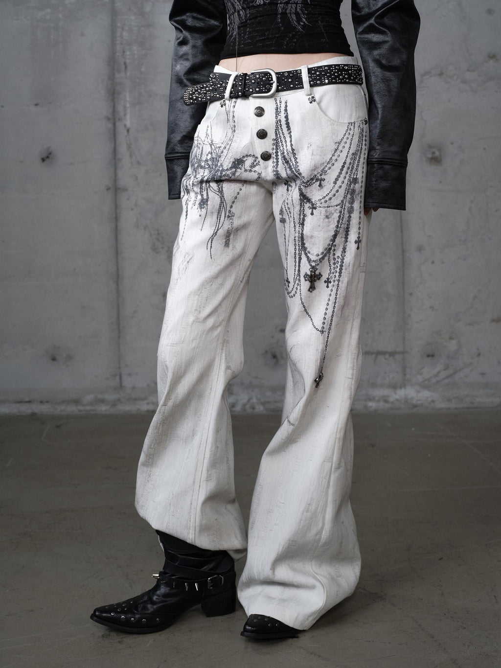NO ROMANCE Distressed Street Punk Printed Women'S Cotton Wide-Leg Jeans