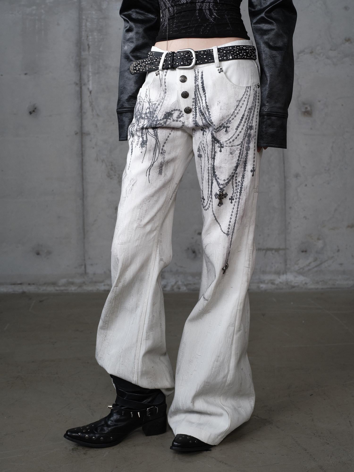 NO ROMANCE Distressed Street Punk Printed Women'S Cotton Wide-Leg Jeans