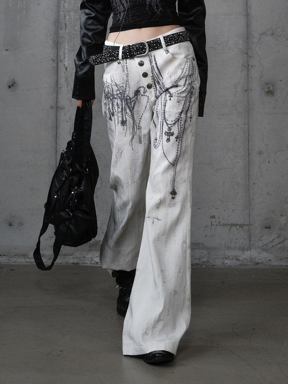 NO ROMANCE Distressed Street Punk Printed Women'S Cotton Wide-Leg Jeans