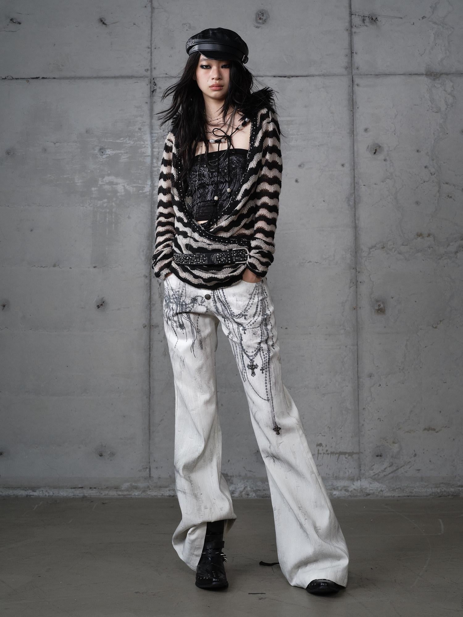 NO ROMANCE Distressed Street Punk Printed Women'S Cotton Wide-Leg Jeans