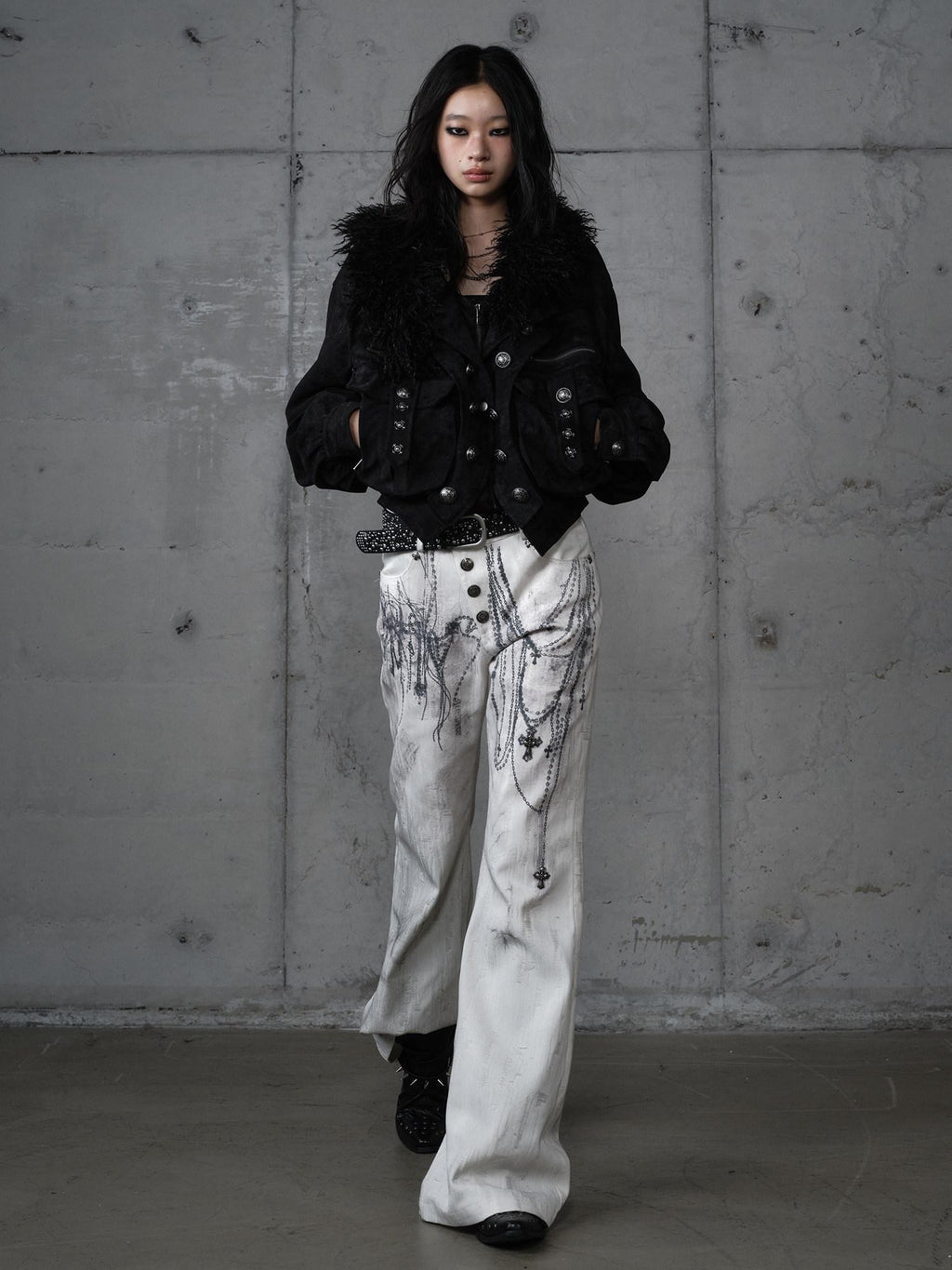NO ROMANCE Distressed Street Punk Printed Women'S Cotton Wide-Leg Jeans