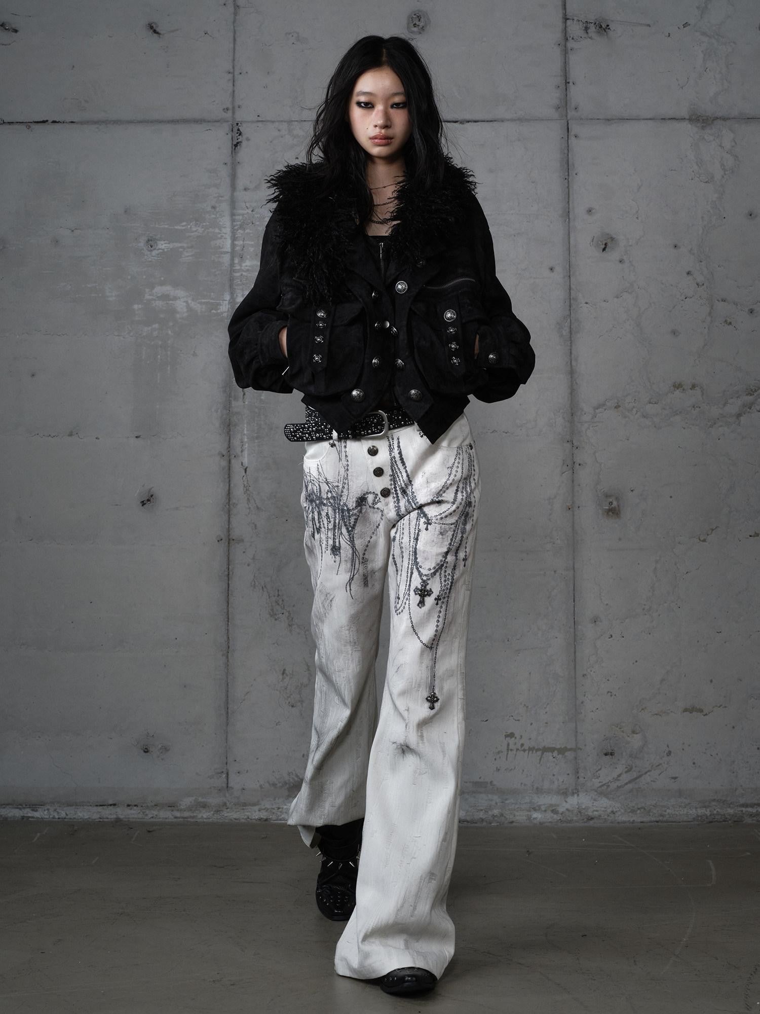 NO ROMANCE Distressed Street Punk Printed Women'S Cotton Wide-Leg Jeans