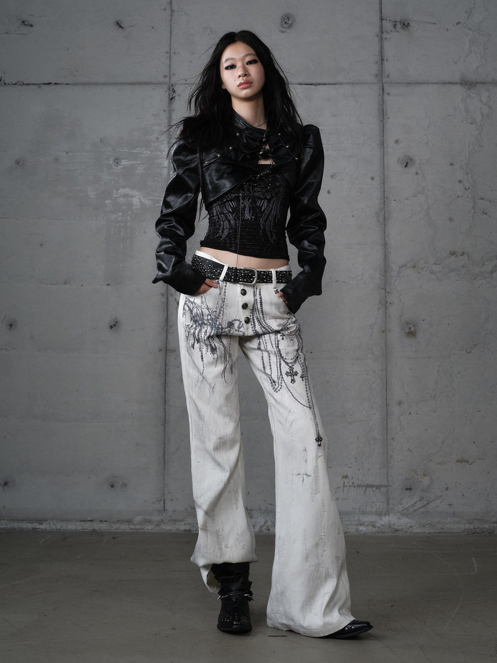 NO ROMANCE Distressed Street Punk Printed Women'S Cotton Wide-Leg Jeans