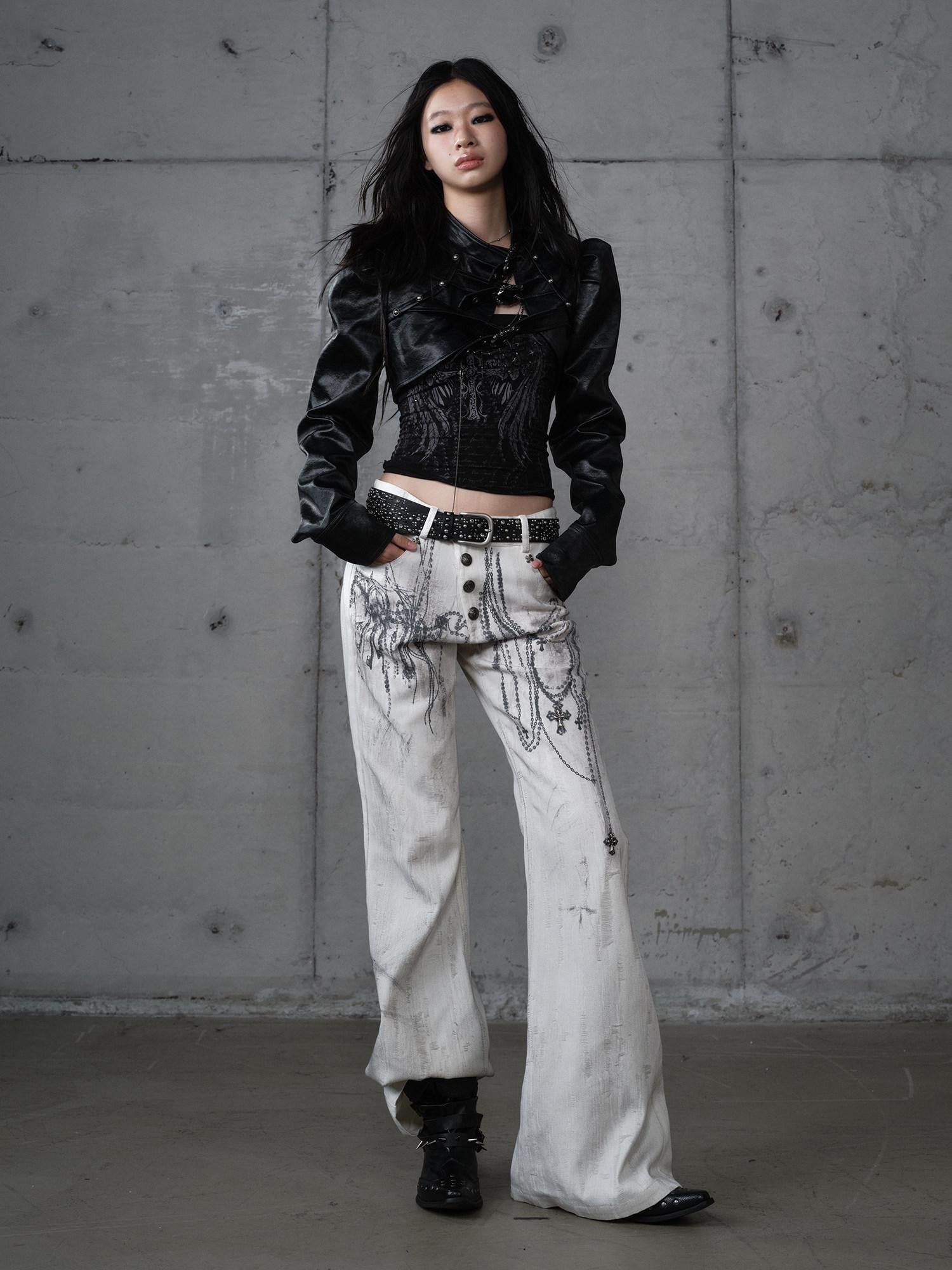 NO ROMANCE Distressed Street Punk Printed Women'S Cotton Wide-Leg Jeans