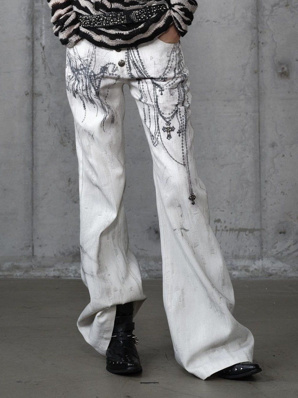 NO ROMANCE Distressed Street Punk Printed Women'S Cotton Wide-Leg Jeans