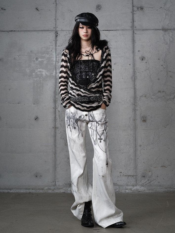 NO ROMANCE Distressed Street Punk Printed Women'S Cotton Wide-Leg Jeans