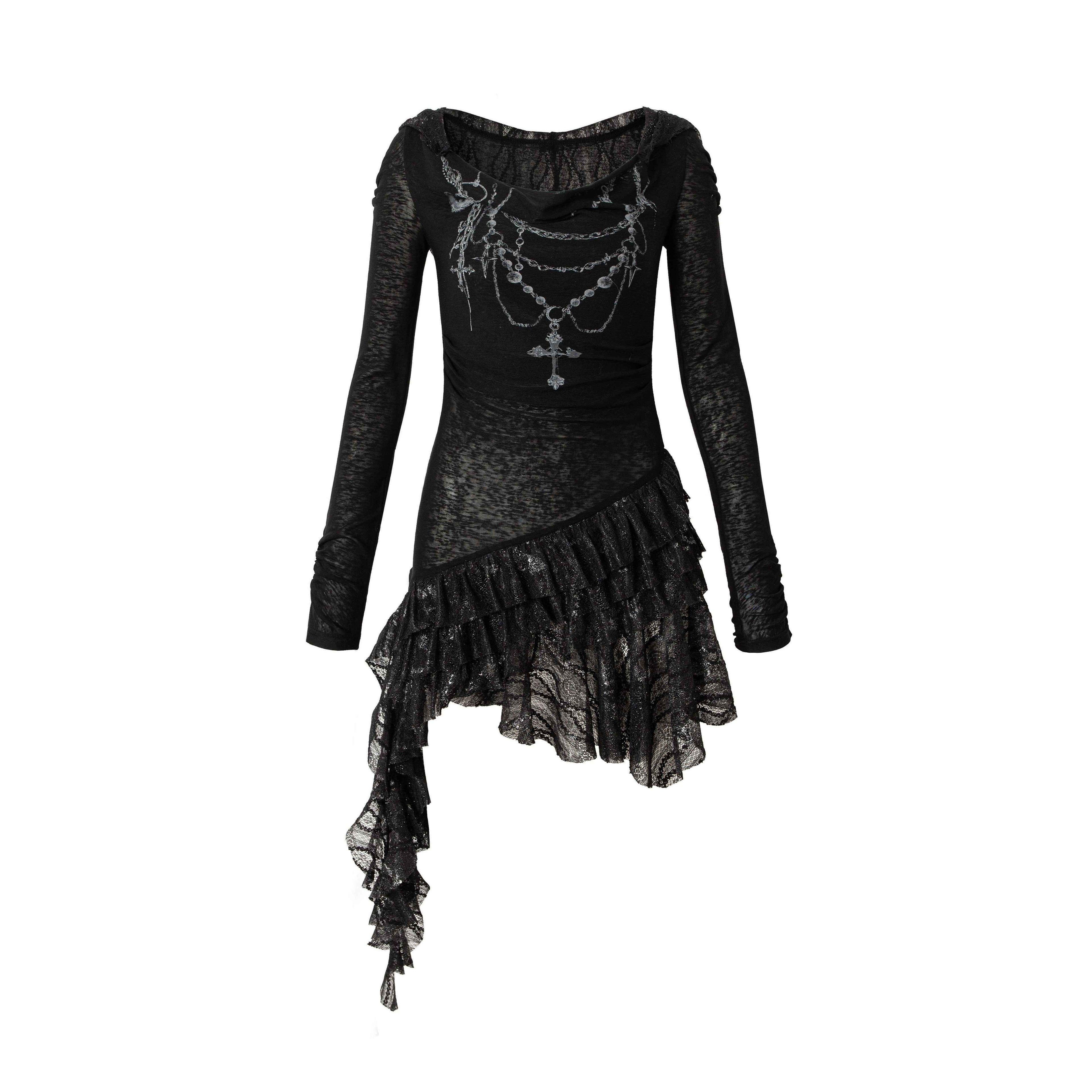 NO_ROMANCE_Dream_Punk_Lace_Hooded_Irregular_V-neck_Women'S_Lyocell_Midi_Dresses_MISSTT