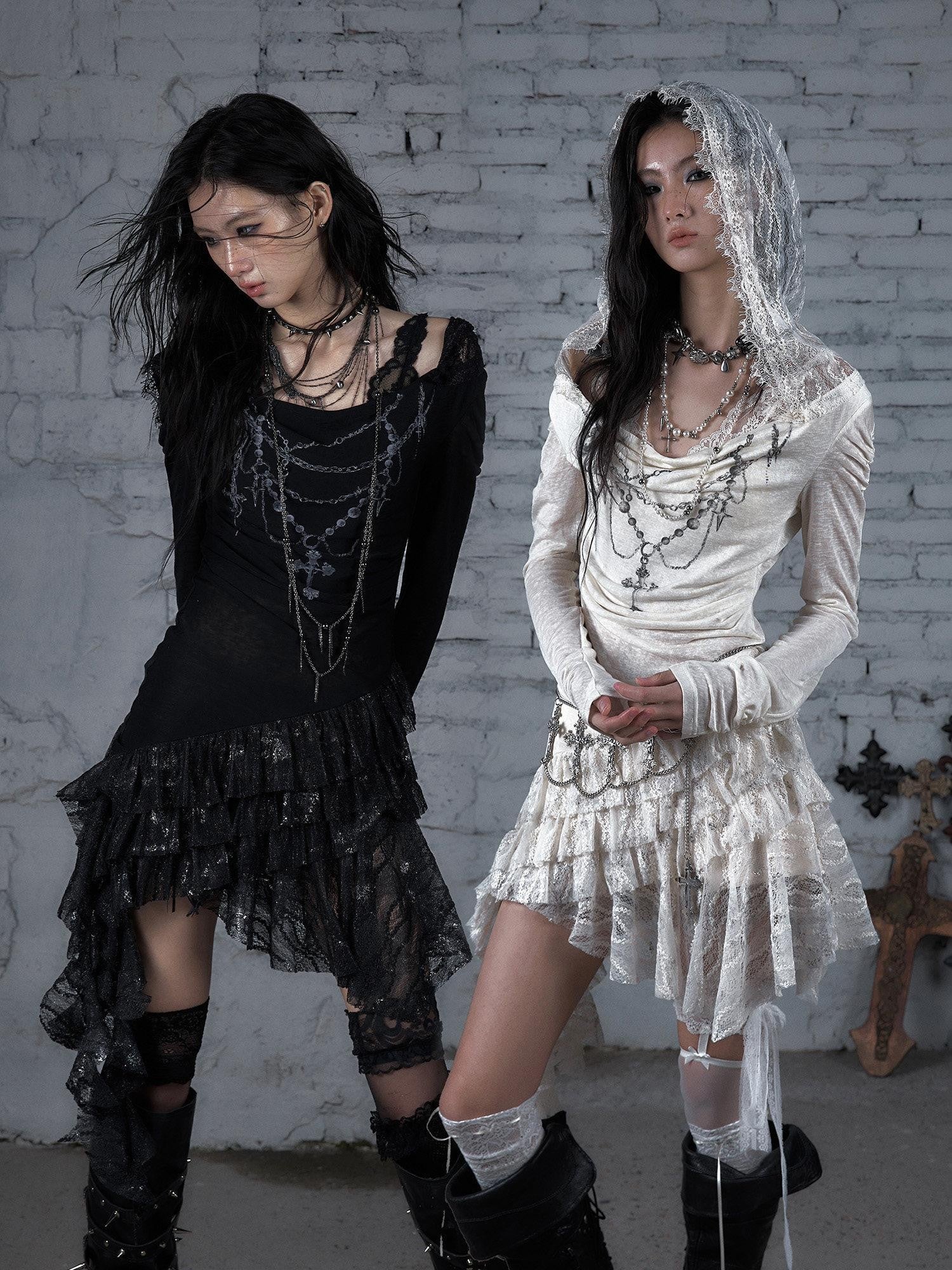 NO ROMANCE Dream Punk Lace Hooded Irregular V-neck Women'S Lyocell Midi Dresses
