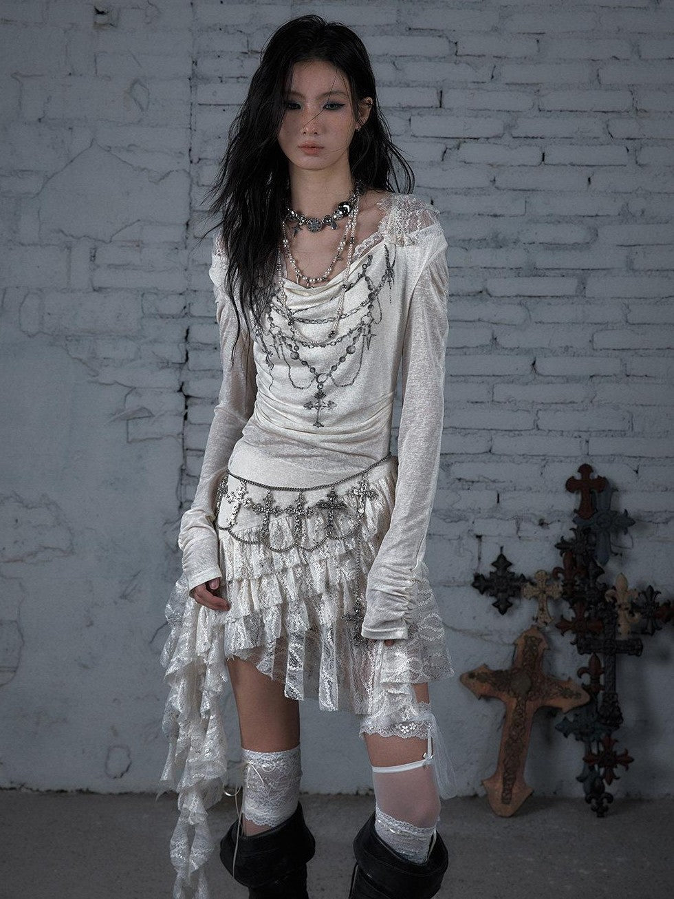 NO ROMANCE Dream Punk Lace Hooded Irregular V-neck Women'S Lyocell Midi Dresses