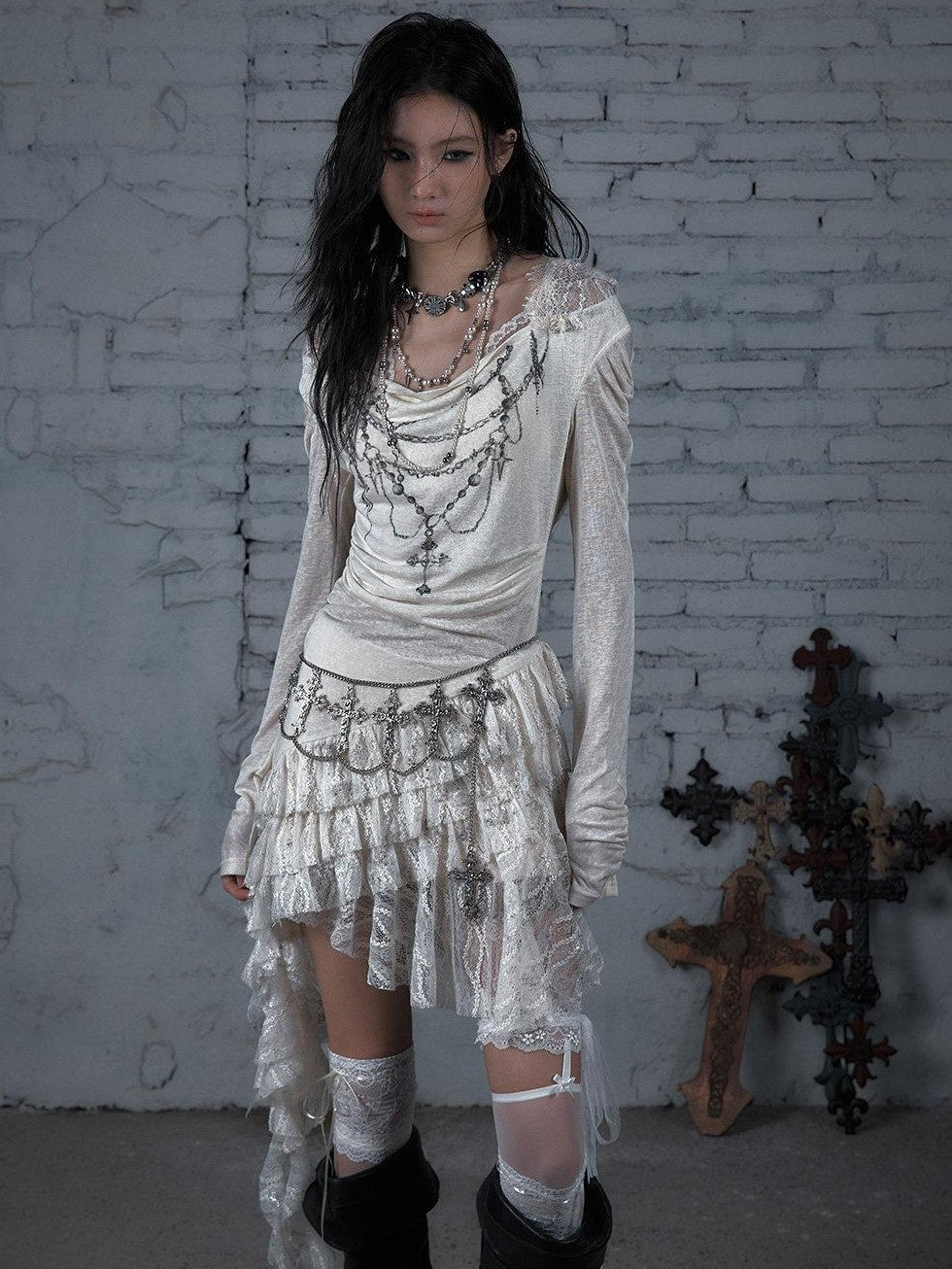 NO ROMANCE Dream Punk Lace Hooded Irregular V-neck Women'S Lyocell Midi Dresses
