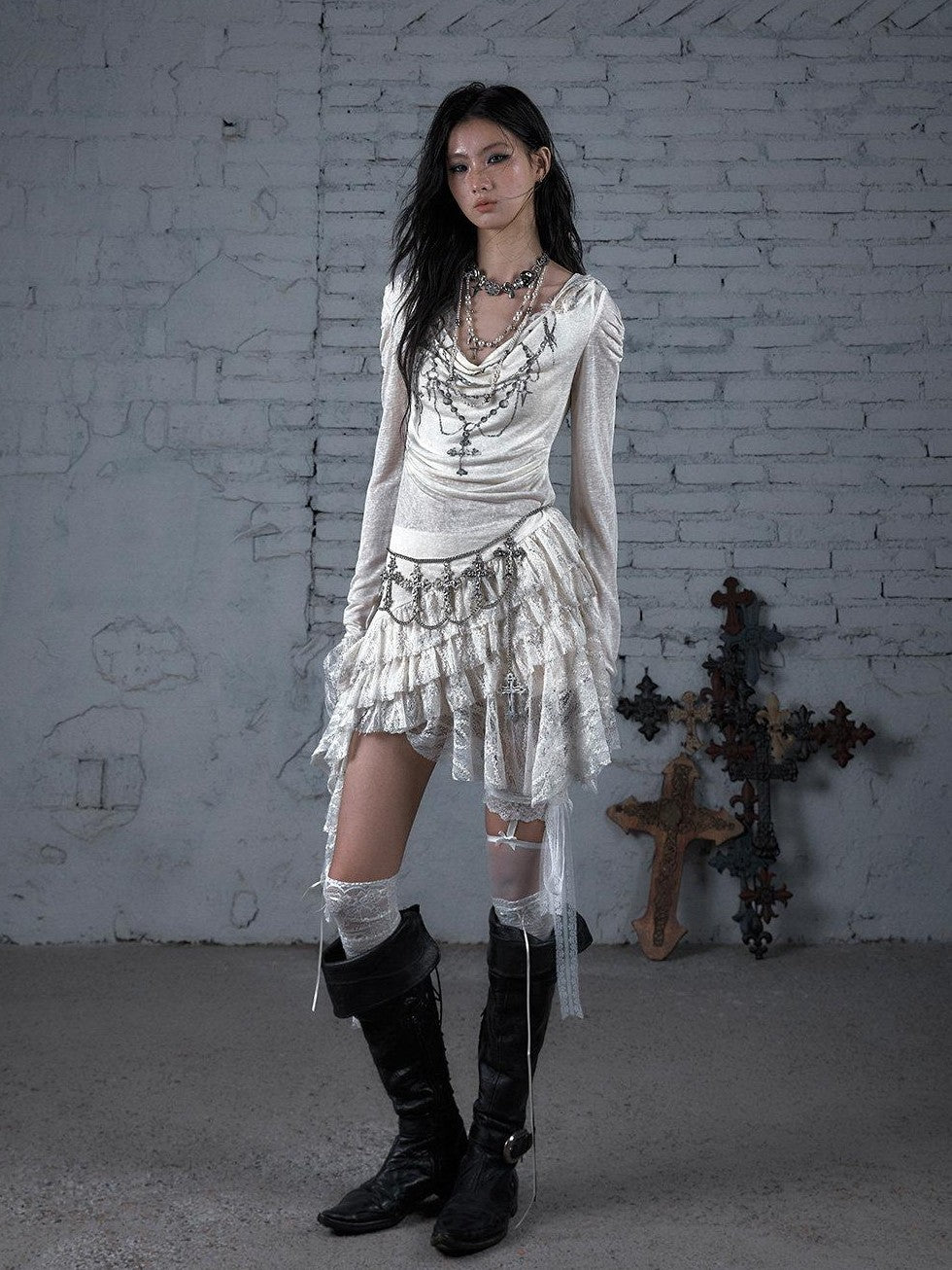 NO ROMANCE Dream Punk Lace Hooded Irregular V-neck Women'S Lyocell Midi Dresses