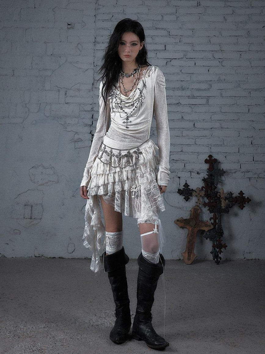 NO ROMANCE Dream Punk Lace Hooded Irregular V-neck Women'S Lyocell Midi Dresses
