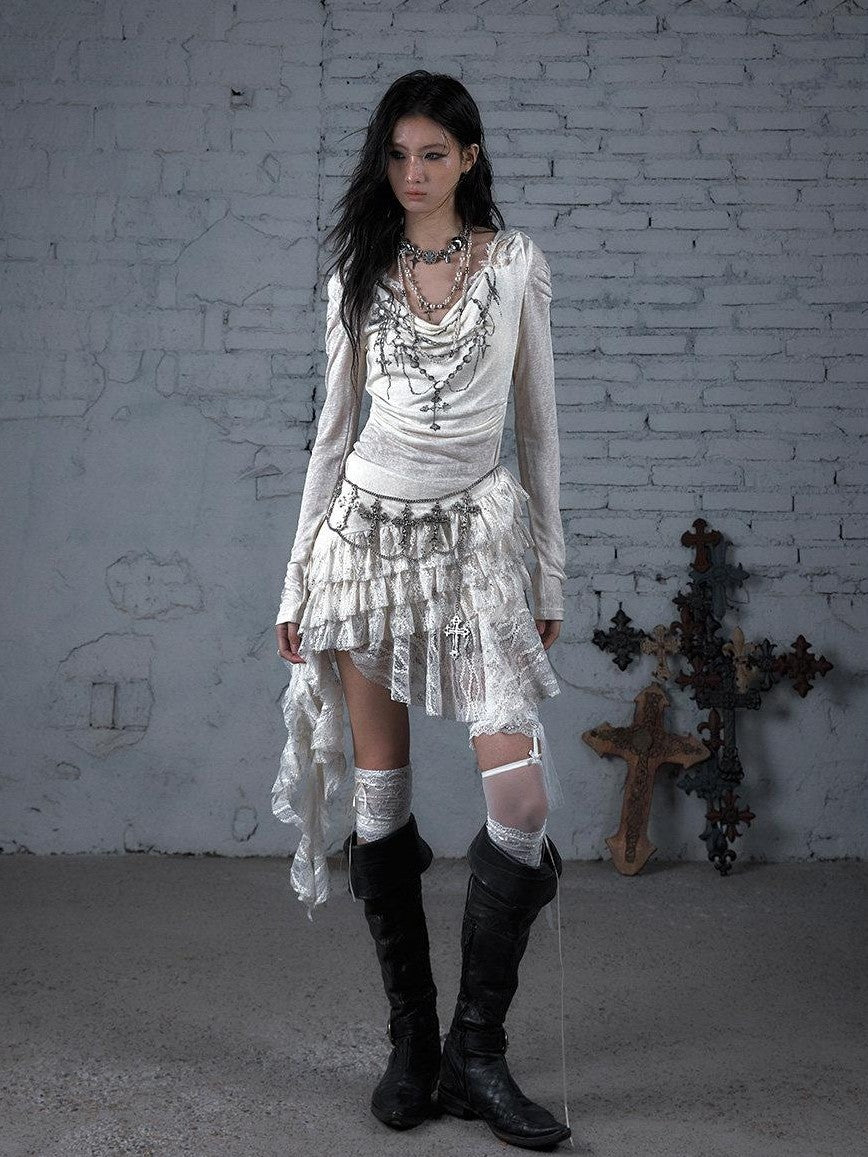 NO ROMANCE Dream Punk Lace Hooded Irregular V-neck Women'S Lyocell Midi Dresses