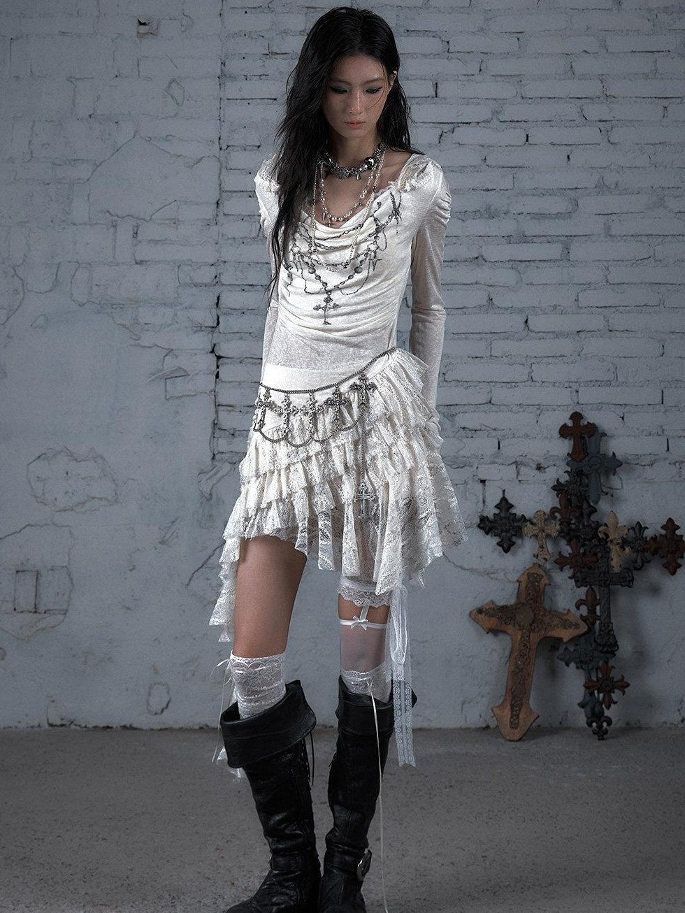 NO ROMANCE Dream Punk Lace Hooded Irregular V-neck Women'S Lyocell Midi Dresses