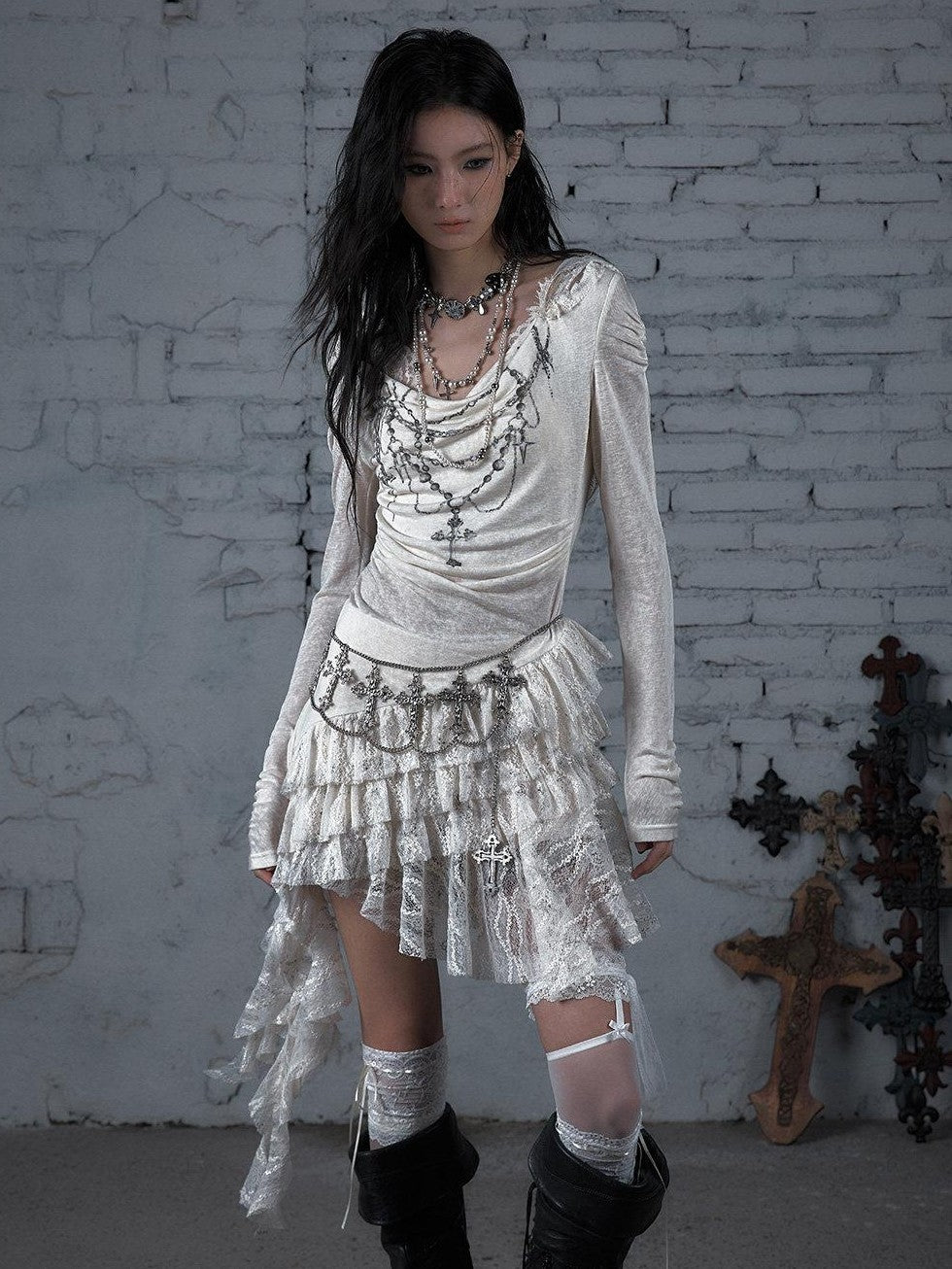 NO ROMANCE Dream Punk Lace Hooded Irregular V-neck Women'S Lyocell Midi Dresses