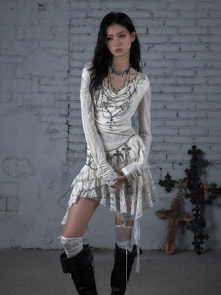 NO ROMANCE Dream Punk Lace Hooded Irregular V-neck Women'S Lyocell Midi Dresses
