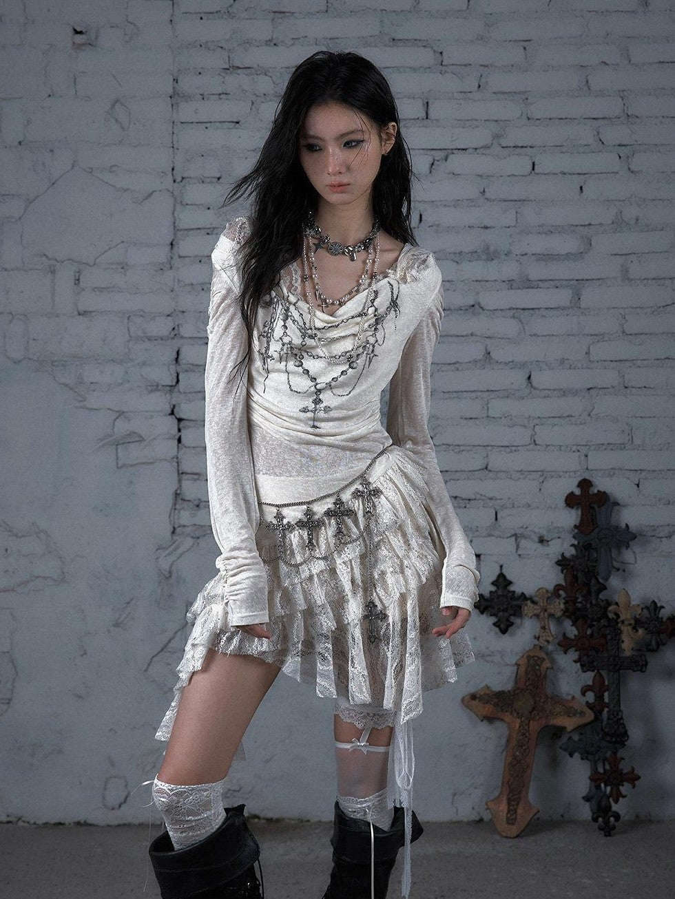 NO ROMANCE Dream Punk Lace Hooded Irregular V-neck Women'S Lyocell Midi Dresses