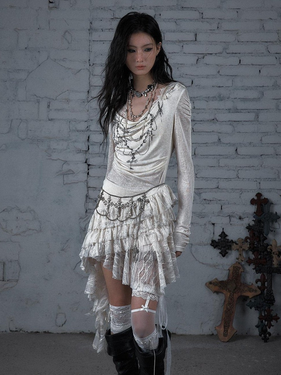 NO ROMANCE Dream Punk Lace Hooded Irregular V-neck Women'S Lyocell Midi Dresses