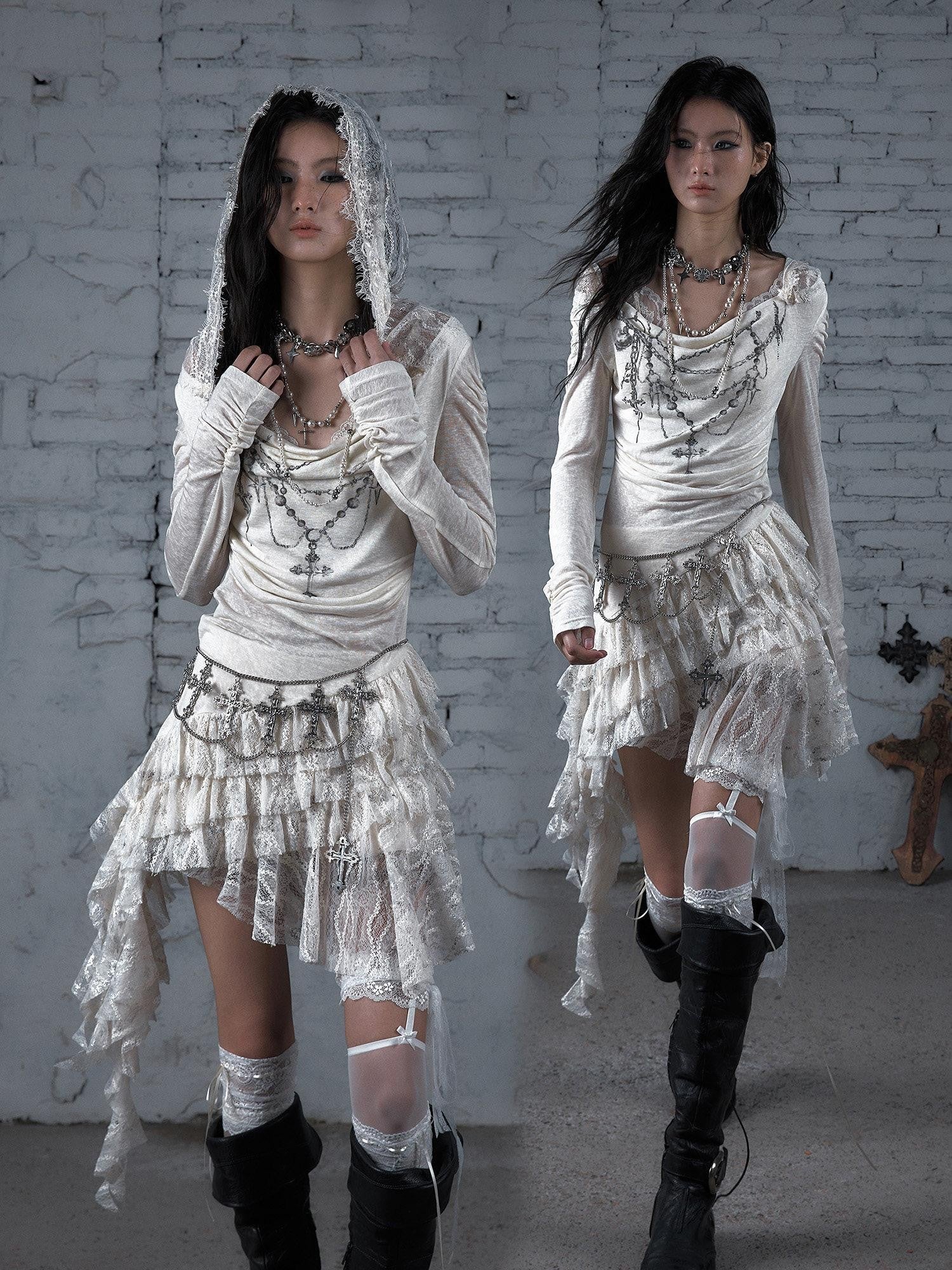 NO ROMANCE Dream Punk Lace Hooded Irregular V-neck Women'S Lyocell Midi Dresses
