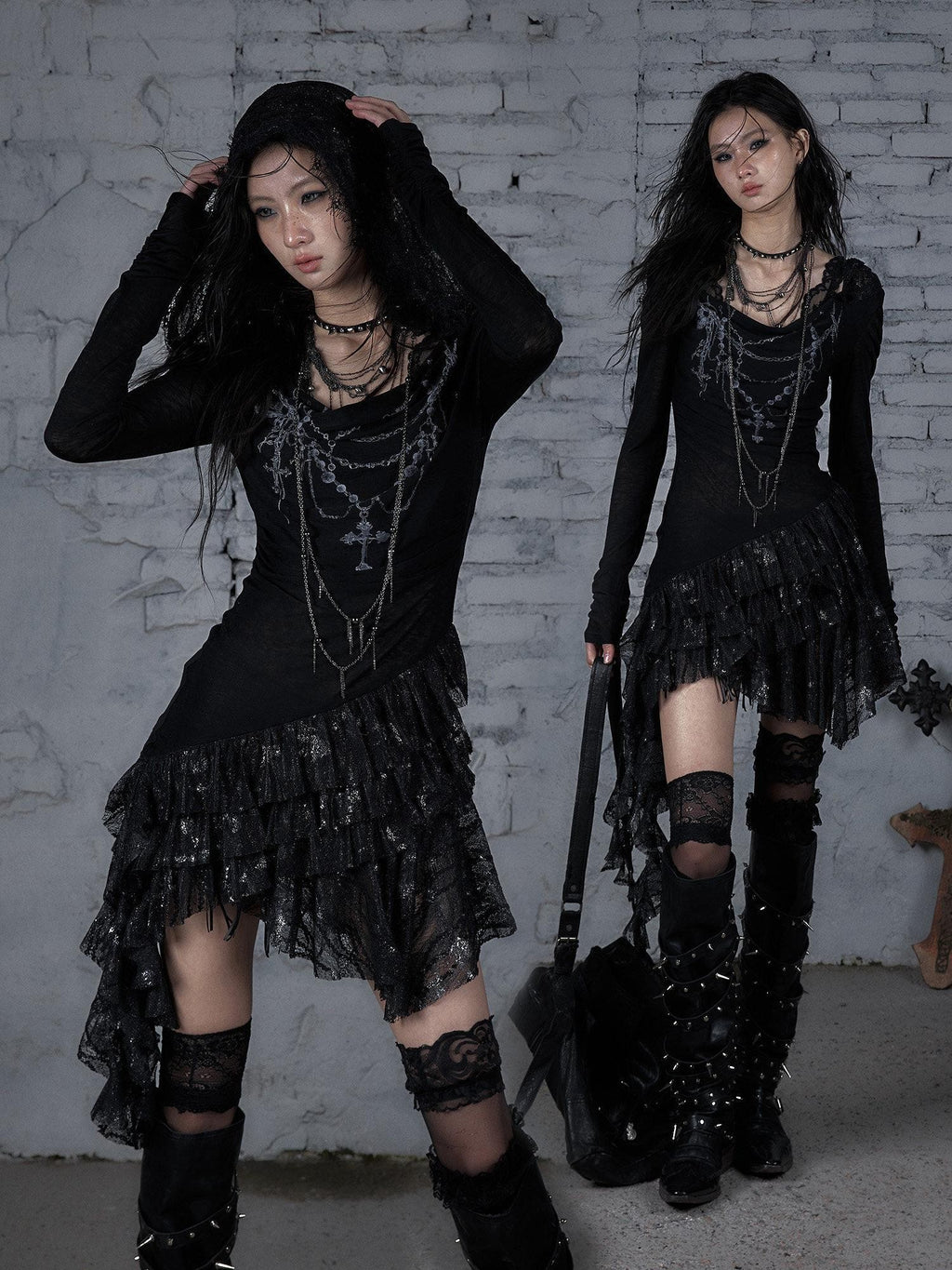 NO ROMANCE Dream Punk Lace Hooded Irregular V-neck Women'S Lyocell Midi Dresses