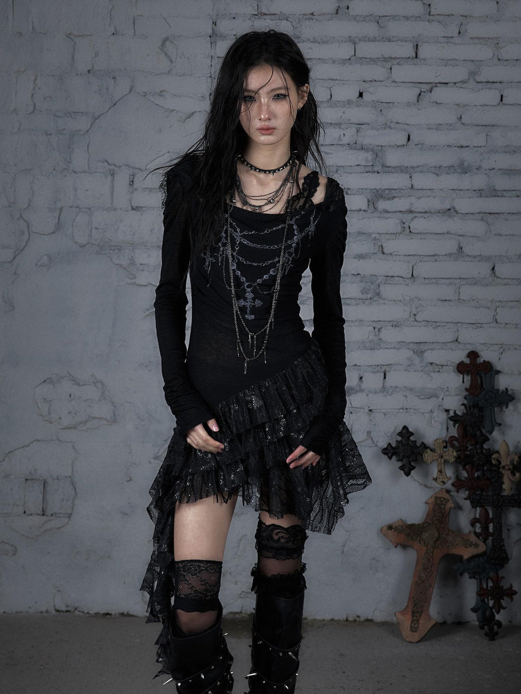 NO ROMANCE Dream Punk Lace Hooded Irregular V-neck Women'S Lyocell Midi Dresses