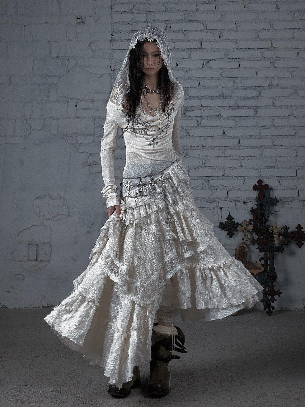 NO ROMANCE Dream Punk Lace Hooded Irregular V-neck Women'S Lyocell Midi Dresses