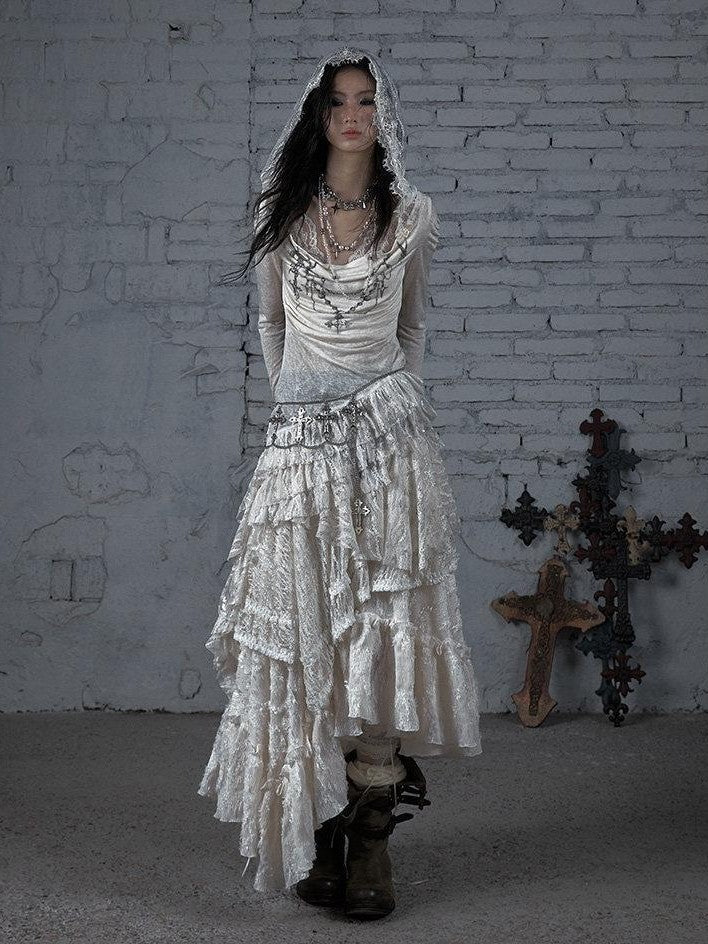 NO ROMANCE Dream Punk Lace Hooded Irregular V-neck Women'S Lyocell Midi Dresses