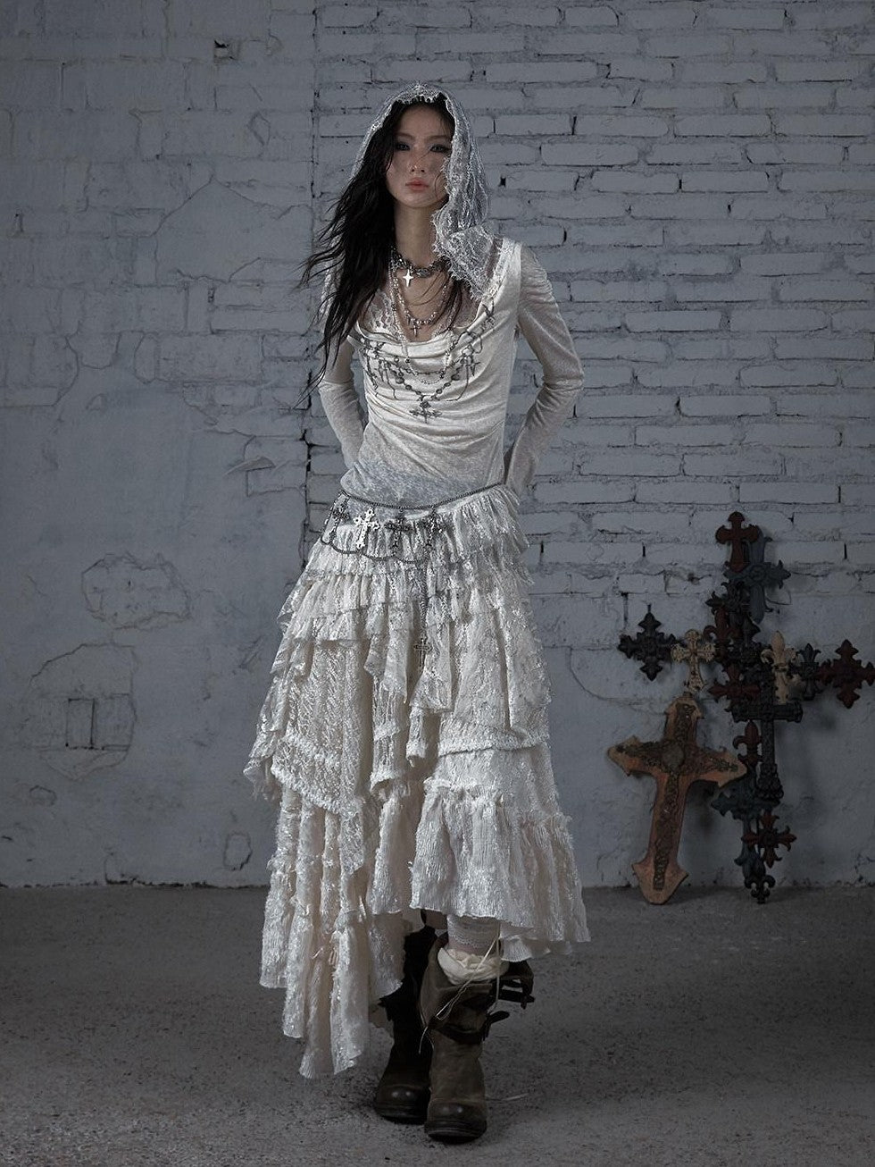 NO ROMANCE Dream Punk Lace Hooded Irregular V-neck Women'S Lyocell Midi Dresses