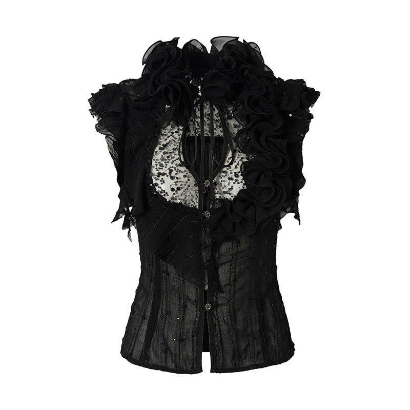 NO_ROMANCE_Dreamy_Court_Ruffle_Sequin_Spliced_Tie_Waist_Women'S_Chiffon_Blouses_MISSTT