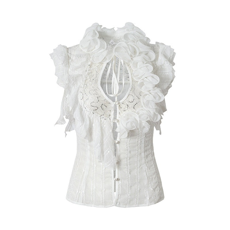 NO_ROMANCE_Dreamy_Court_Ruffle_Sequin_Spliced_Tie_Waist_Women'S_Chiffon_Blouses_MISSTT