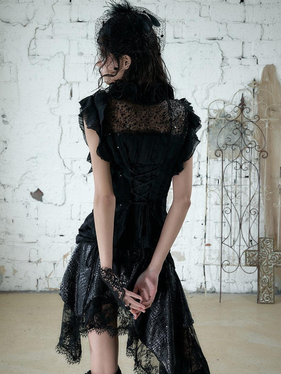 NO ROMANCE Dreamy Court Ruffle Sequin Spliced Tie Waist Women'S Chiffon Blouses