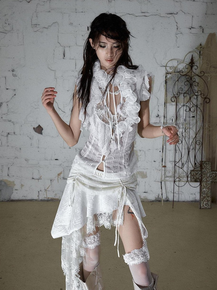 NO ROMANCE Dreamy Court Ruffle Sequin Spliced Tie Waist Women'S Chiffon Blouses