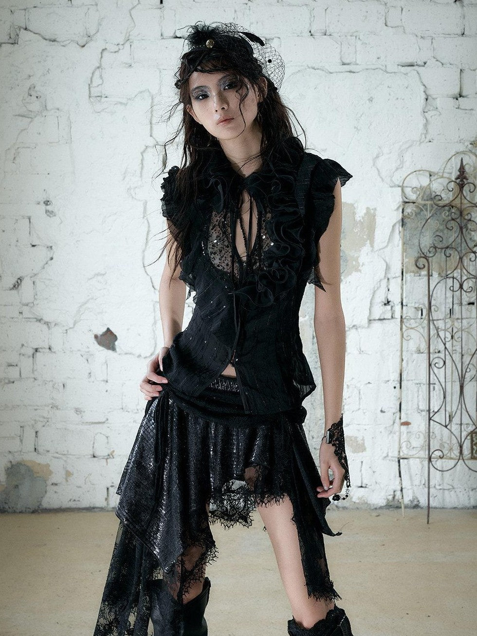 NO ROMANCE Dreamy Court Ruffle Sequin Spliced Tie Waist Women'S Chiffon Blouses
