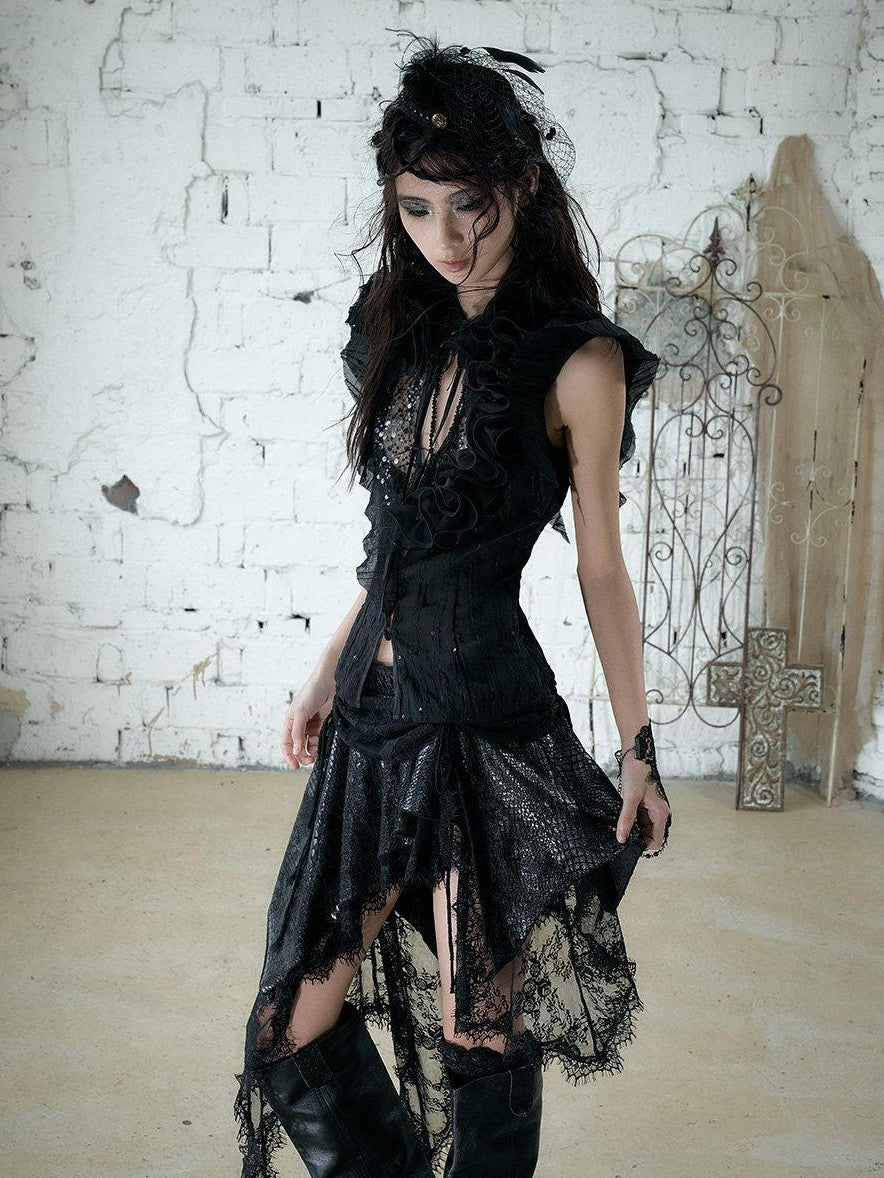 NO ROMANCE Dreamy Court Ruffle Sequin Spliced Tie Waist Women'S Chiffon Blouses
