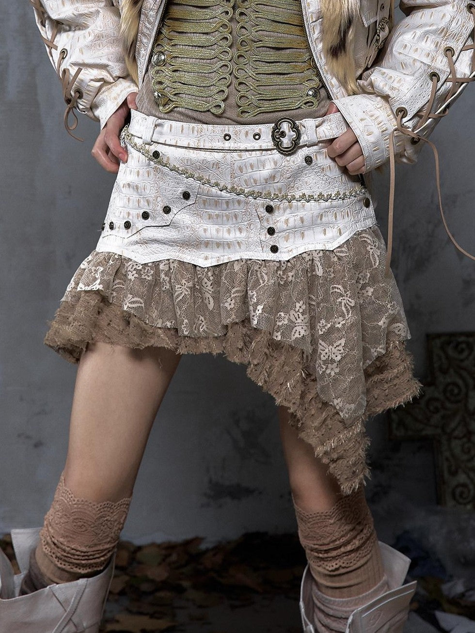 NO ROMANCE Dreamy Embellished Asymmetrical Faux Two Piece Women'S Faux Leather Skorts