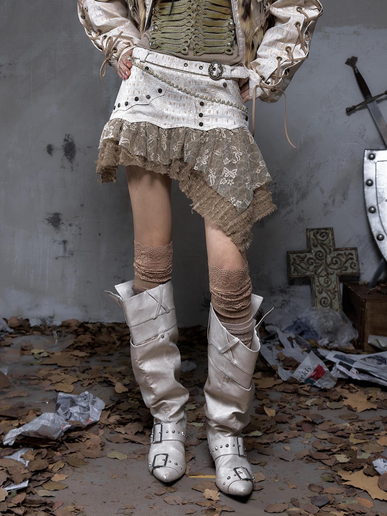 NO ROMANCE Dreamy Embellished Asymmetrical Faux Two Piece Women'S Faux Leather Skorts