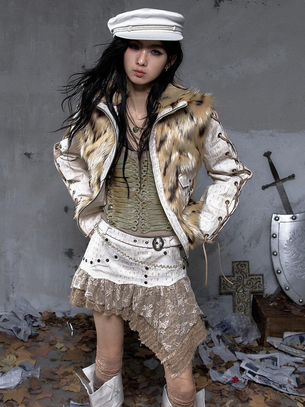NO ROMANCE Dreamy Embellished Asymmetrical Faux Two Piece Women'S Faux Leather Skorts