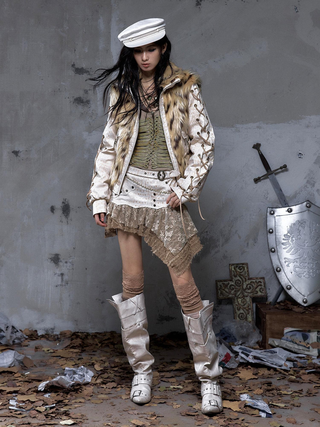 NO ROMANCE Dreamy Embellished Asymmetrical Faux Two Piece Women'S Faux Leather Skorts