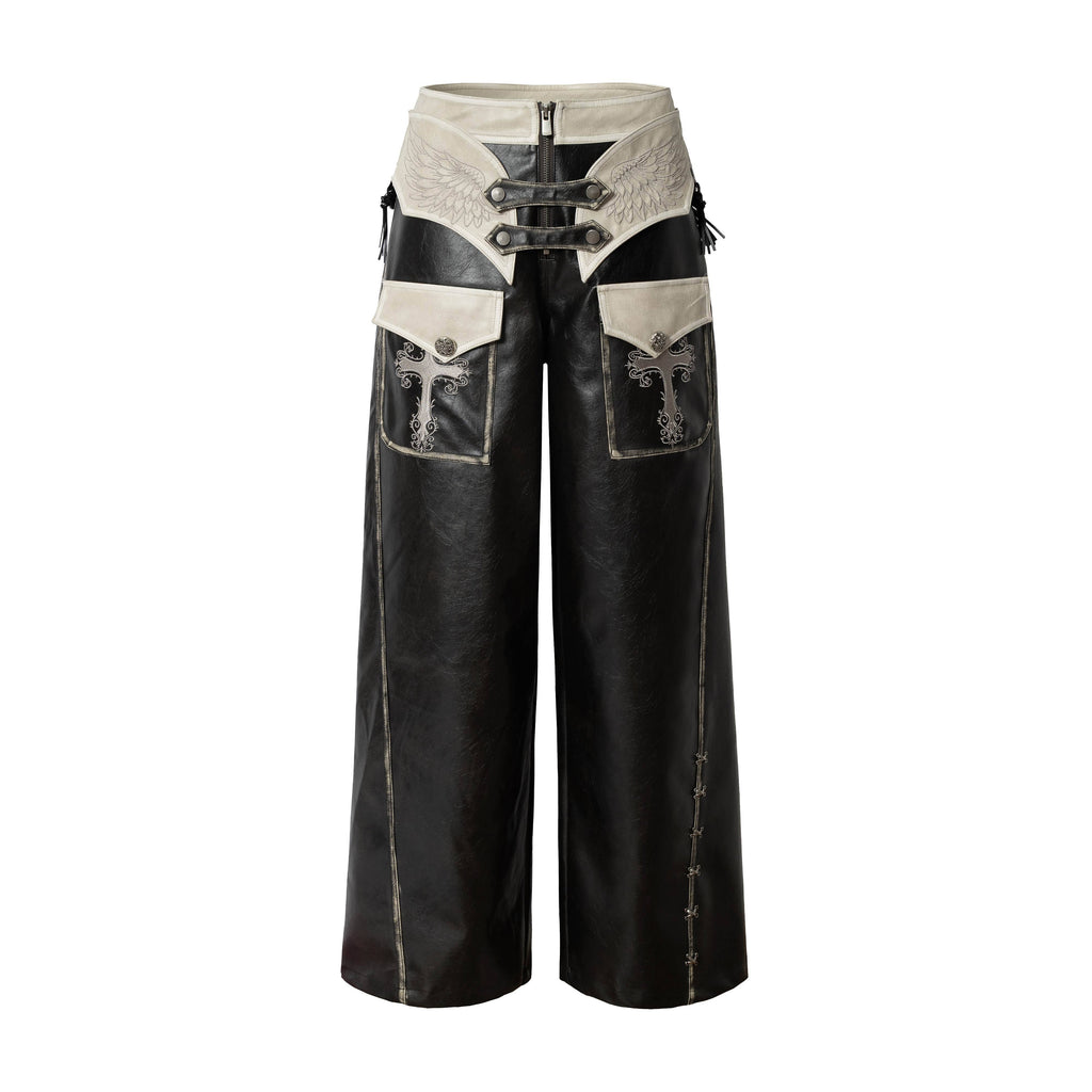 NO_ROMANCE_Embroidered_Distressed_Punk_Layered_Women'S_Faux_Leather_Wide-Leg_Pants_MISSTT