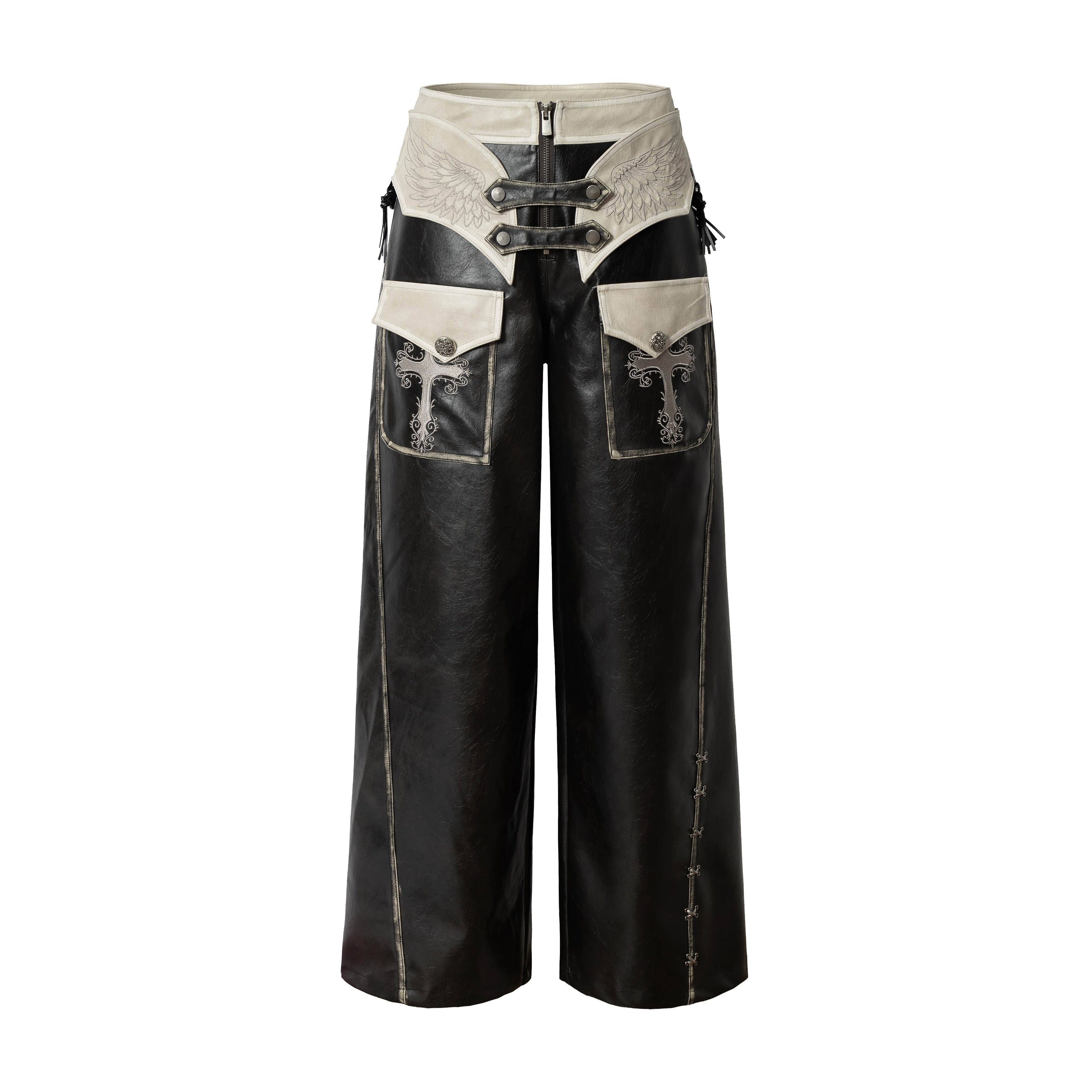 NO_ROMANCE_Embroidered_Distressed_Punk_Layered_Women'S_Faux_Leather_Wide-Leg_Pants_MISSTT