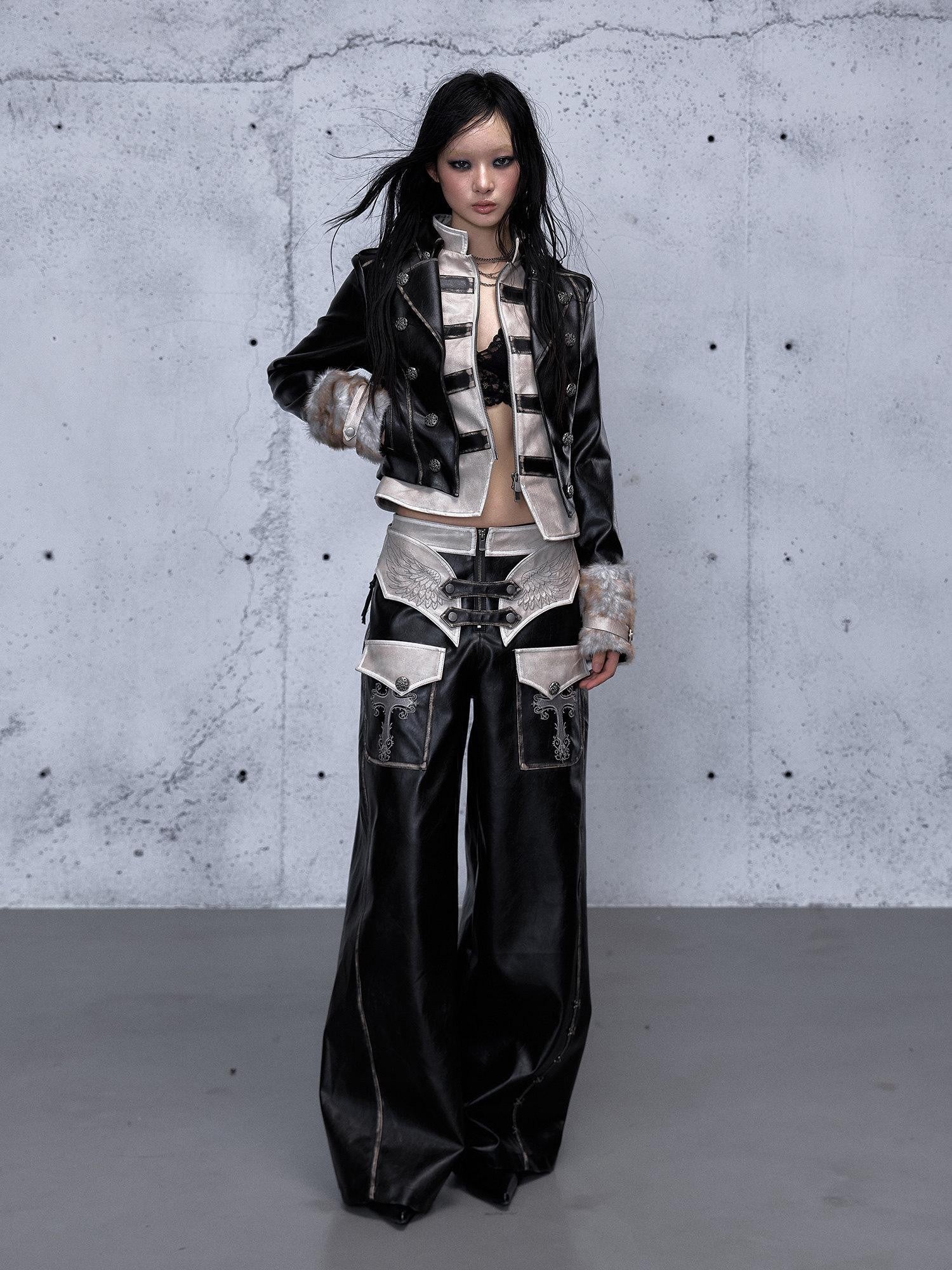 NO ROMANCE Embroidered Distressed Punk Layered Women'S Faux Leather Wide-Leg Pants