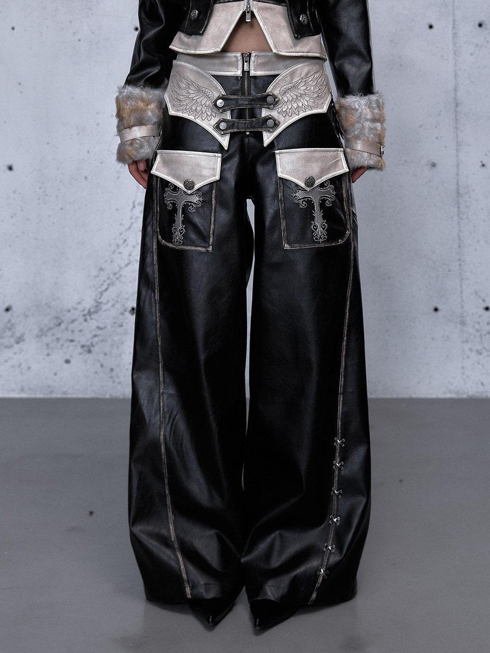 NO ROMANCE Embroidered Distressed Punk Layered Women'S Faux Leather Wide-Leg Pants