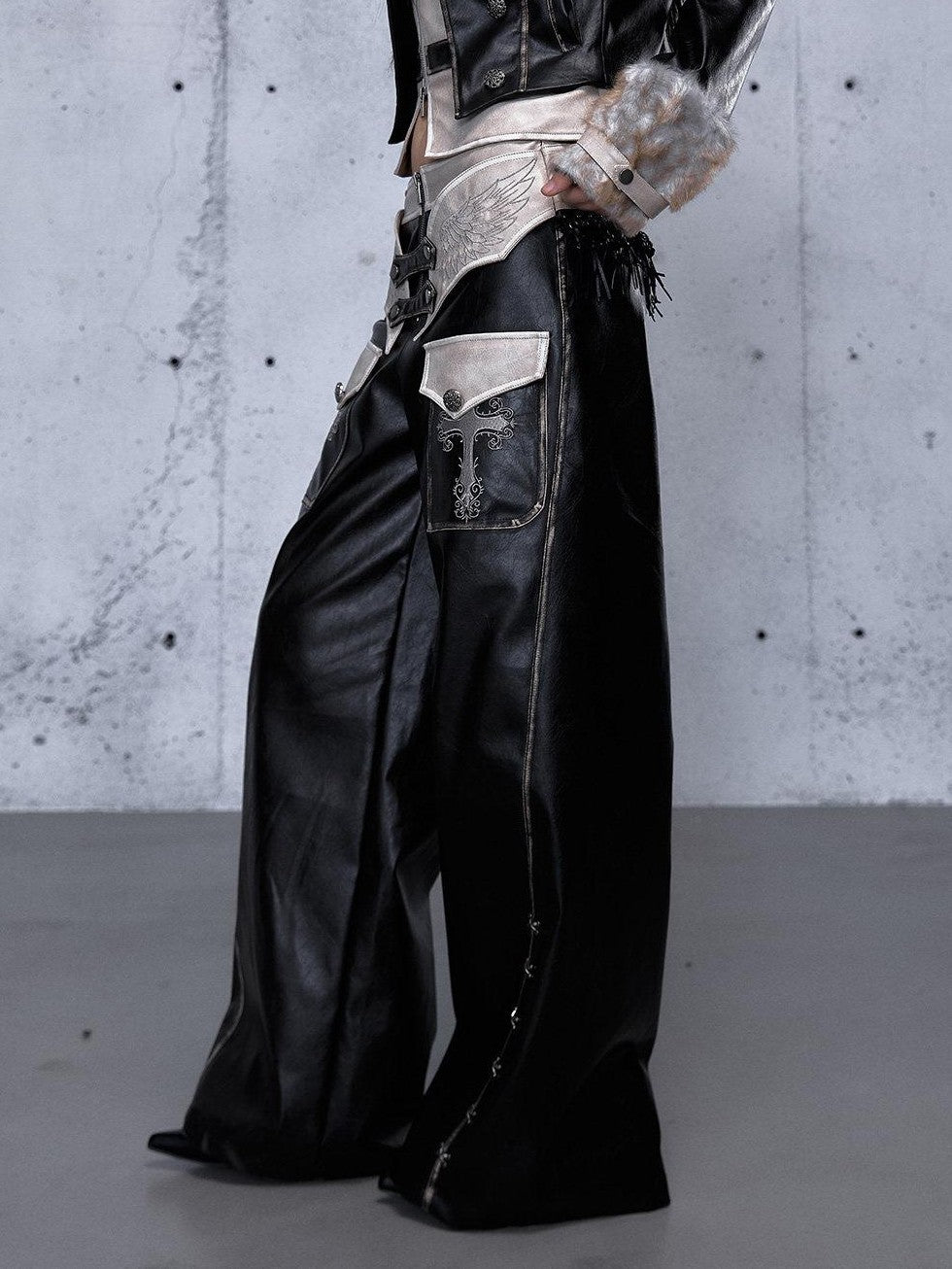 NO ROMANCE Embroidered Distressed Punk Layered Women'S Faux Leather Wide-Leg Pants