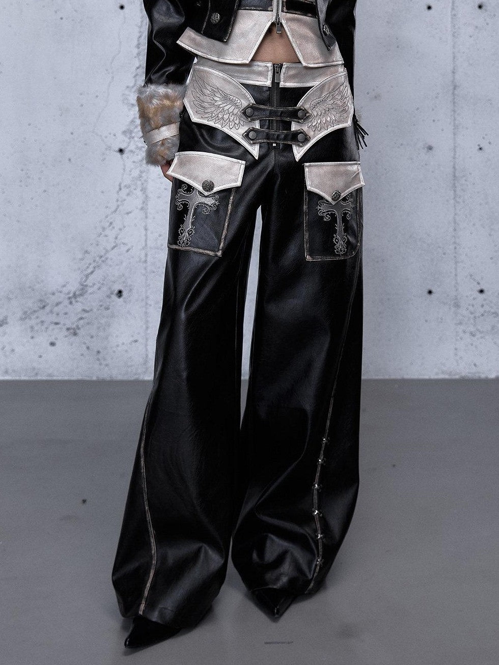 NO ROMANCE Embroidered Distressed Punk Layered Women'S Faux Leather Wide-Leg Pants