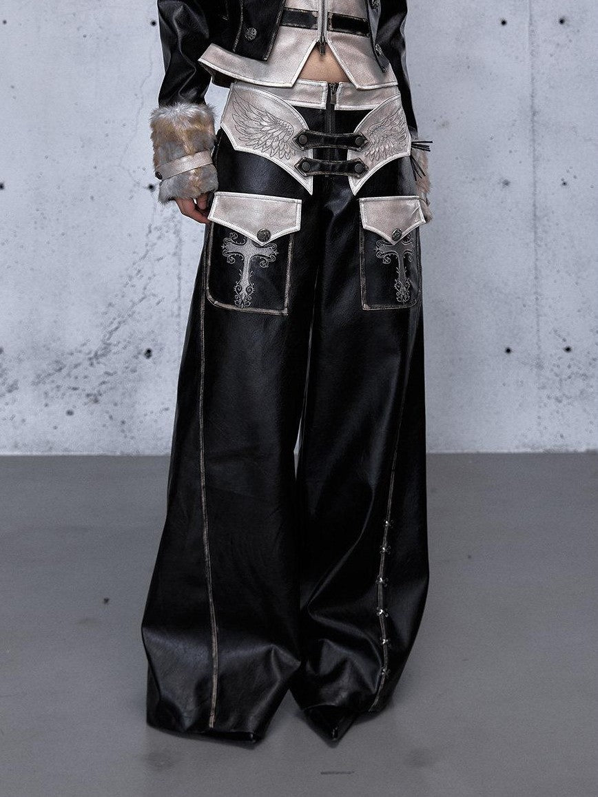 NO ROMANCE Embroidered Distressed Punk Layered Women'S Faux Leather Wide-Leg Pants