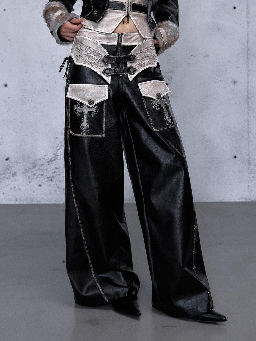 NO ROMANCE Embroidered Distressed Punk Layered Women'S Faux Leather Wide-Leg Pants