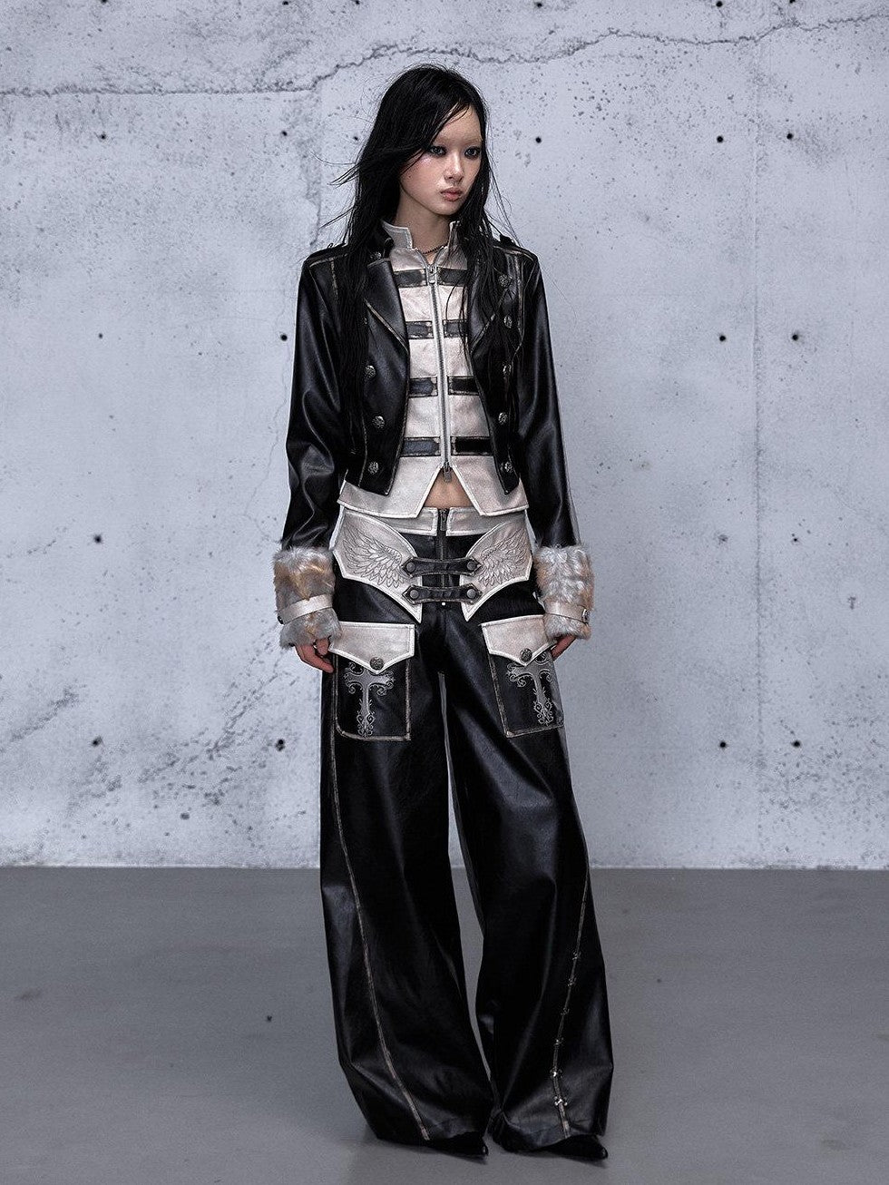 NO ROMANCE Embroidered Distressed Punk Layered Women'S Faux Leather Wide-Leg Pants
