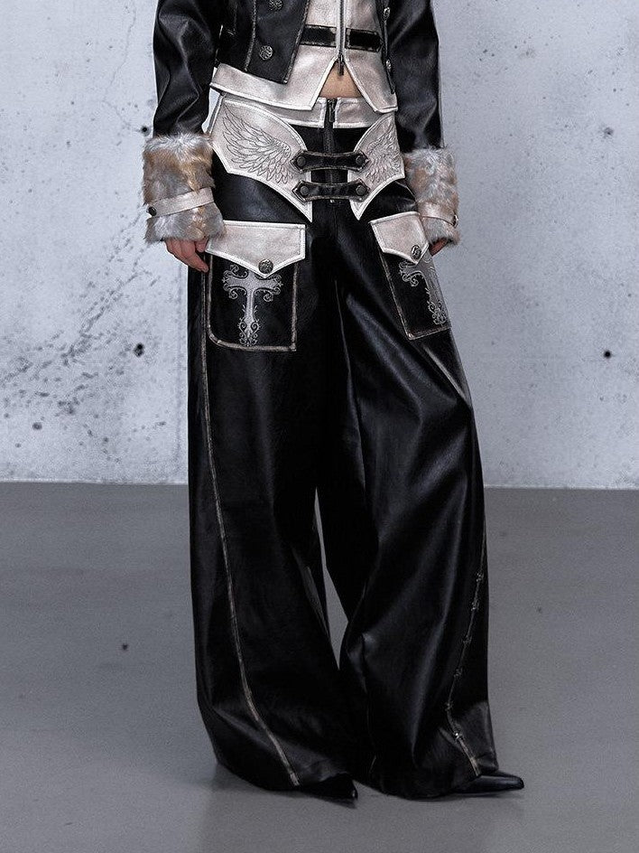 NO ROMANCE Embroidered Distressed Punk Layered Women'S Faux Leather Wide-Leg Pants